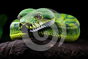 Green tree python Reticulated python on black background, Green Python Chondropython, AI Generated