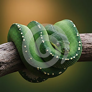 Green Tree Python Snake Wrapped Around Branch