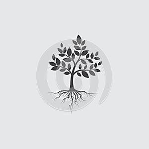 Green tree with roots on a white background. Vector Illustration