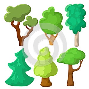 Green tree set in cartoon style. Summer tree vector clipart on white background. Natural clip art with summer landscape