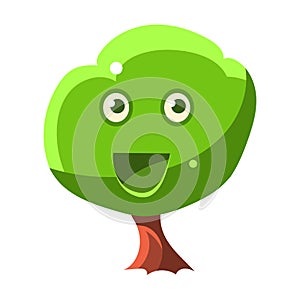Green Tree With Smiling Face, Fairy Tale Candy Land Fair Landscaping Element In Childish Colorful Design Isolated Object
