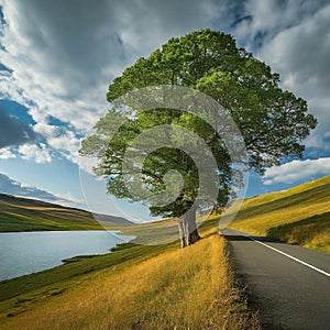 A Green Tree standing on Asphalt road in Lush Green Field with Rolling Hills Under a Blue Sky with White Clouds