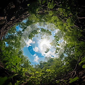 Green tree tops in summer forest