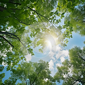 Green tree tops in summer forest