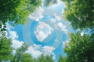 Green tree tops in summer forest