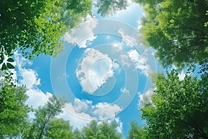 Green tree tops in summer forest