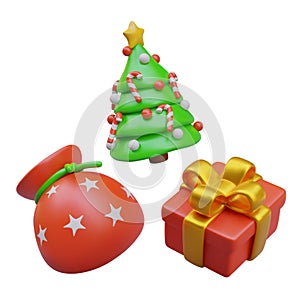 Green tree with toys, red bag with stars and present with gold ribbon