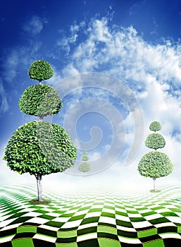 Green trees, blue sky with clouds and abstract fantasy checkerboard floor