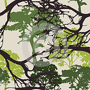 Green trees and branches seamless pattern on light background. Forest green botanical design