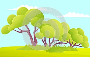 Green trees flat vector forest. Beautiful green leaves, bushes, grass on glade. Spring time trees