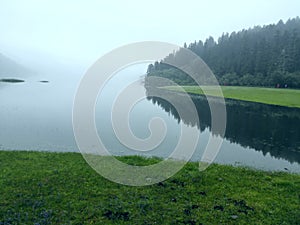 The green trees and grass on the hillside are reflected in the clear water of the lake