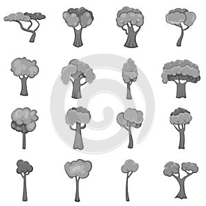 Green trees icons set, monochrome style