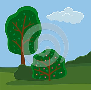 Green trees on meadow background. Green summer landscape. Cartoon flat vector image for games, web