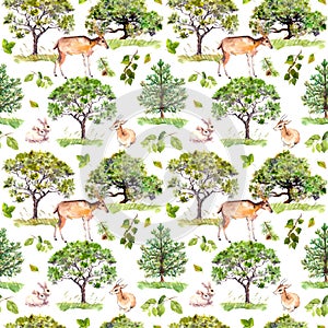 Green trees. Park, forest pattern with forest animals - deer, rabbits, antelope. Seamless background. Watercolor pattern