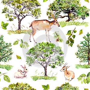 Green trees. Park, forest pattern with forest animals - deer, rabbits, antelope. Seamless repeating background