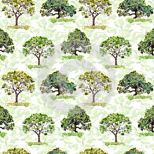 Green trees. Park, forest repeating pattern. Background with green leaves. Watercolor