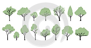 Green trees silhouettes set. Vector hand drawn isolated illustrations of different trees