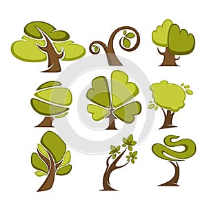 Green trees and tree leaf icons or logo templates.