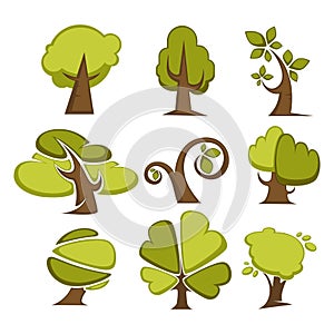Green trees and tree leaf icons or logo templates.