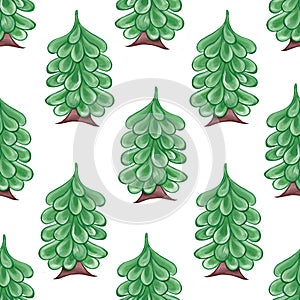 Green trees on a white background. Seamless patterns. Hand drawing. Spruce, Christmas tree, Pine. New Year. Nature, Ecology.