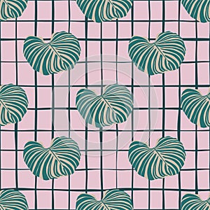 Green tropic monstera leaf ornament seamless pattern. Pink chequered background