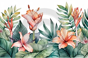 Green tropical leaves and blush flowers on white background, watercolor hand painted seamless border, floral tropic illustration,