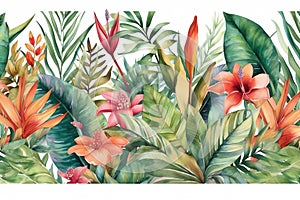 Green tropical leaves and blush flowers on white background, watercolor hand painted seamless border, floral tropic illustration,
