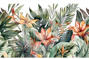 Green tropical leaves and blush flowers on white background, watercolor hand painted seamless border, floral tropic illustration,