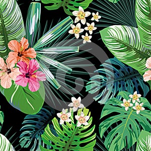 Green tropical leaves flowers seamless black background