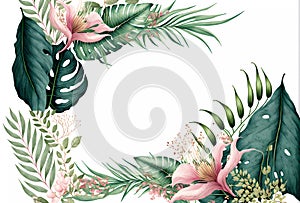 green tropical leaves flowers on white background. watercolor hand painted floral tropic illustration. jungle foliage wallpaper