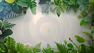 Green tropical leaves frame on white background for text or logo. Jungle green plants on white screen. Stylish nature