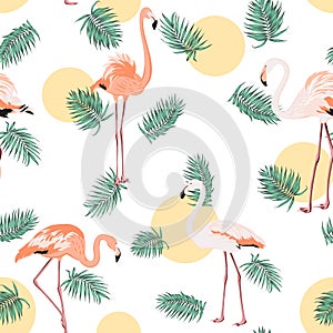 Green tropical leaves pink flamingo sun moon round