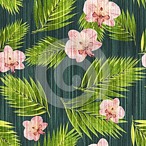Green tropical palm leaves with orchids pattern on a watercolor background
