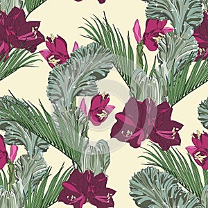 Green tropical palms, cacti and violet lilies flowers, light background. Floral seamless pattern.