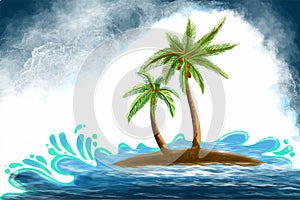 Green tropical palms trees with landscape background