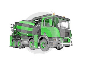 Green truck concrete mixer with conveyor belt 3D rendering on white background no shadow