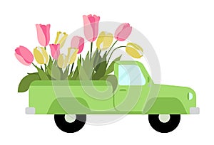 Green truck with pink and yellow tulips illustration. Perfect for card making, wedding invitation and spring postcards