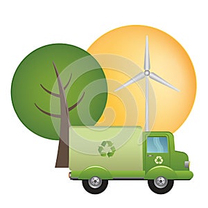 Green truck of recycling on ecological landscape