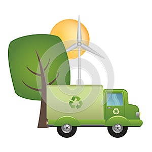 Green truck of recycling on ecological landscape