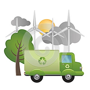 Green truck of recycling on ecological landscape