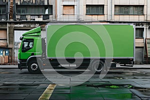 Green truck with tires rolls on asphalt past building