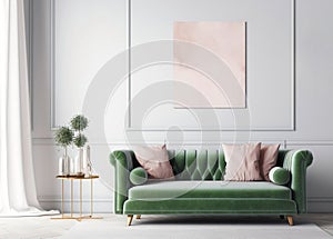 Green tufted velvet chesterfield sofa and poster on the wall. Interior design of modern living room. Created with generative AI