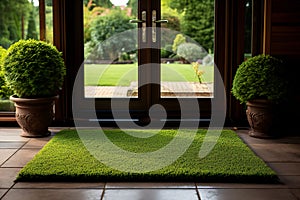 a green turf welcome mat under the front door of a house