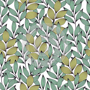 Green and turquoise elegant leaves with veins seamless pattern, vector