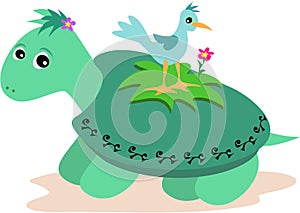 Green Turtle with Blue Bird