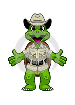 Green Turtle Cartoon Funny in Ranger Zoo keeper uniform