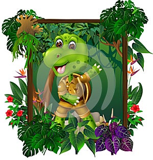 Green Turtle In Forest With Tropical Plant Flower In Wood Square Frame Cartoon