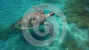 a green turtle swimming in the ocean. Generative Ai