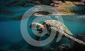 a green turtle swimming in the ocean with its head above the water\'s surface and its back to the camera,