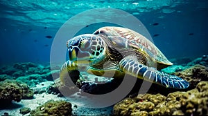 Green turtle swimming over coral reef in the blue water of the ocean